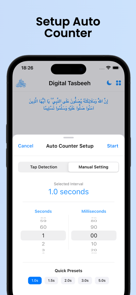 Setup screen for the auto-counter feature in the Digital Tasbeeh app with manual interval settings and presets.