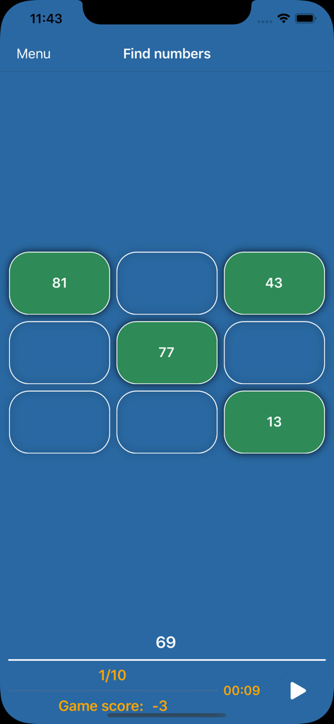Brain and memory training Pro - Interface du jeu Trouver les nombres de l'application Brain and memory training Pro.