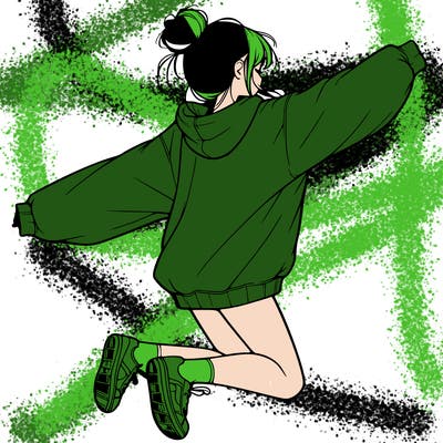 realistic girl jumping with a bun and oversized sweatshirt