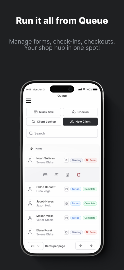 Tattoo Studio Pro - Tattoo Studio Pro app dashboard displaying the client queue and appointment management interface