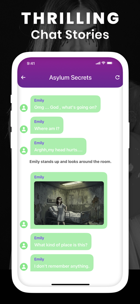 Text Story - chat stories read - Una emocionante historia de chat de terror titulada Secretos del Asilo, con una chica en una habitación de hospital espeluznante.