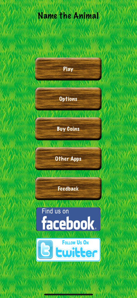 Name The Animal - Word Game - Main menu of the Name The Animal word game featuring wooden buttons on a green grass background