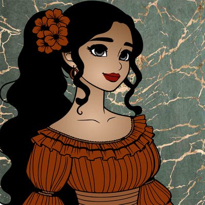 a single latina woman with a side ponytail and a long dress with ruffles. she has a few discreet flowers in her hair. realistic