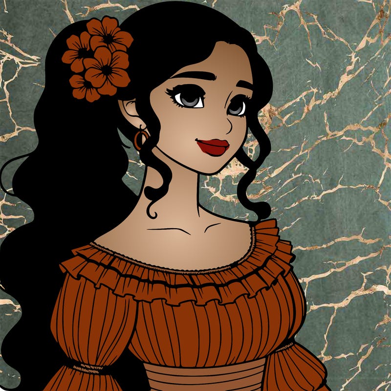 a single latina woman with a side ponytail and a long dress with ruffles. she has a few discreet flowers in her hair. realistic