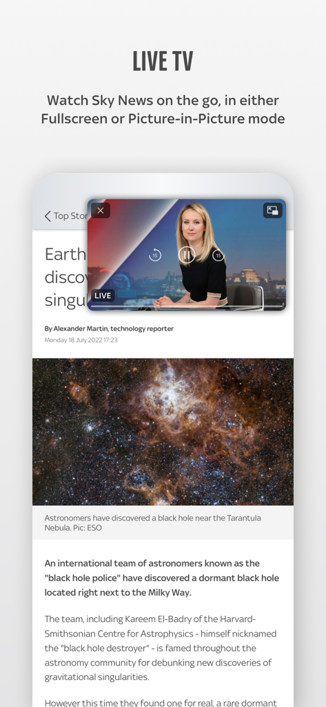 Sky News app showing live TV streaming in picture-in-picture mode over a news article