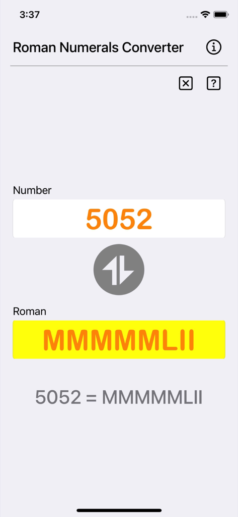 Roman Numerals Converter Plus app interface showing the conversion of the number 5052 to Roman numerals.