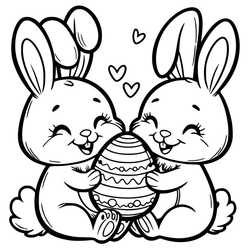 a pair of bunnies sharing an easter egg with big smiles on their faces.