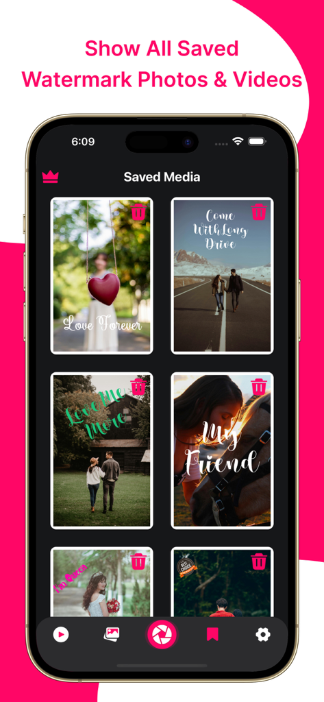 Add Watermark : Photo & Video - Saved media screen in the Add Watermark app showing a grid of watermarked photos