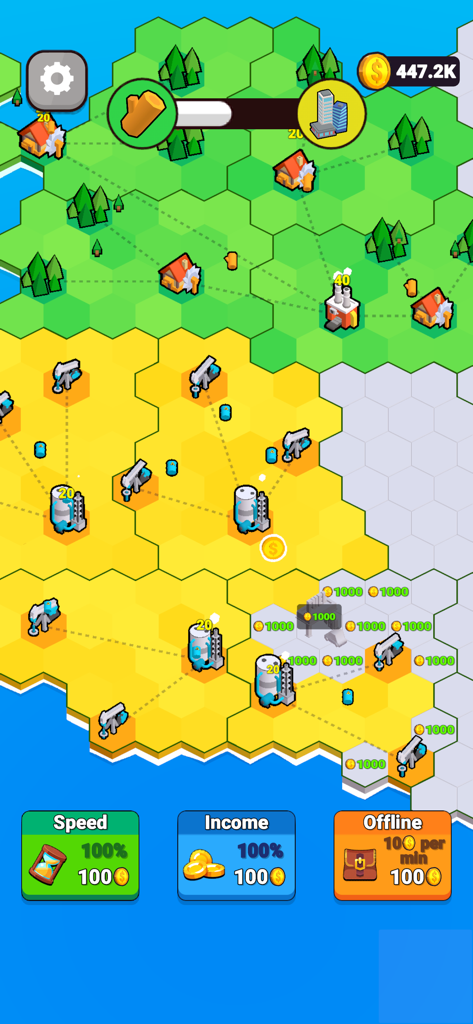 Factory World - Factory Worldの接続された工業用建物と石油リグを示すカラフルな六角形のマップ