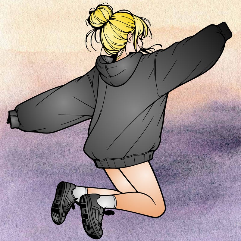 realistic girl jumping with a bun and oversized sweatshirt