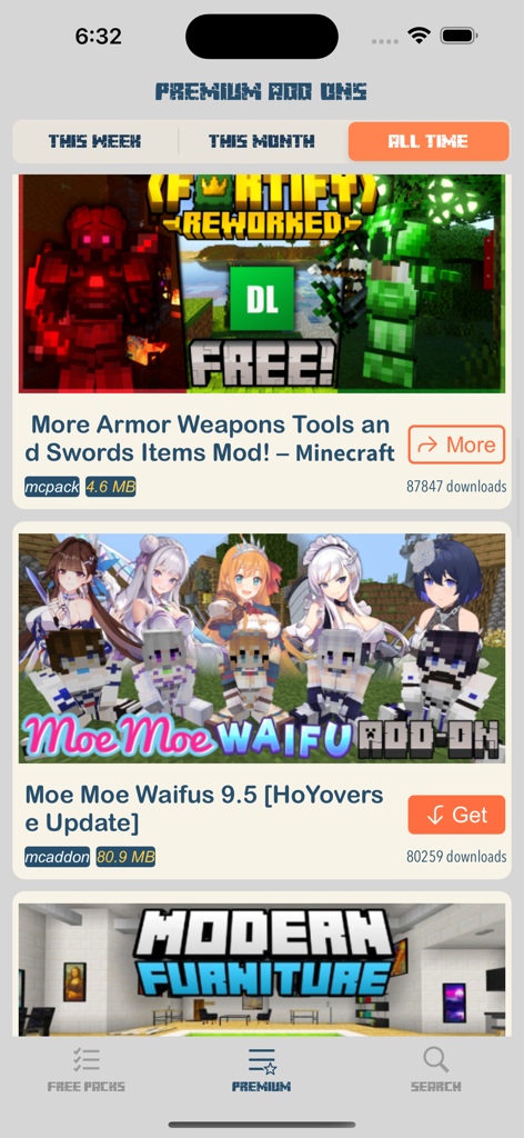 MODS FOR MINECRAFT MCPE ADDONS - Liste von Premium-Add-ons in der App Mods für Minecraft MCPE mit Rüstungs- und Möbel-Mods