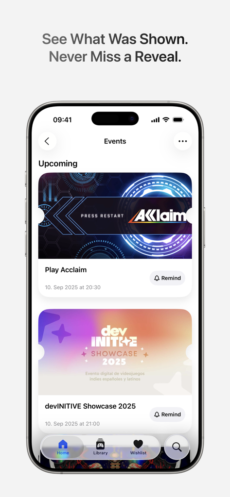 Gamery - Track Your Games - Écran de smartphone montrant la section événements de l'application Gamery avec les prochains spectacles de jeux vidéo et les boutons de rappel