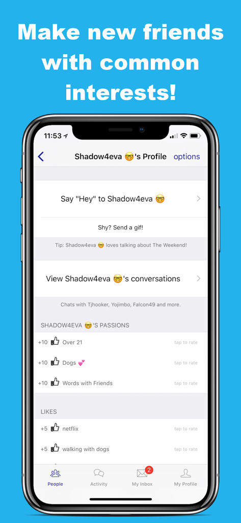 Bored Chat-chat with strangers - User profile page in Bored Chat app showing interests and message options