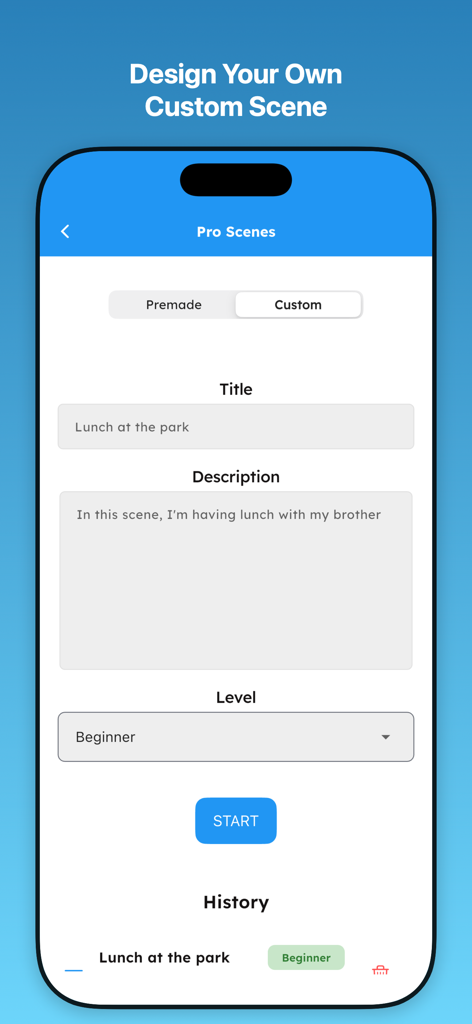 Interface for designing a custom AI language practice scene with fields for title description and proficiency level