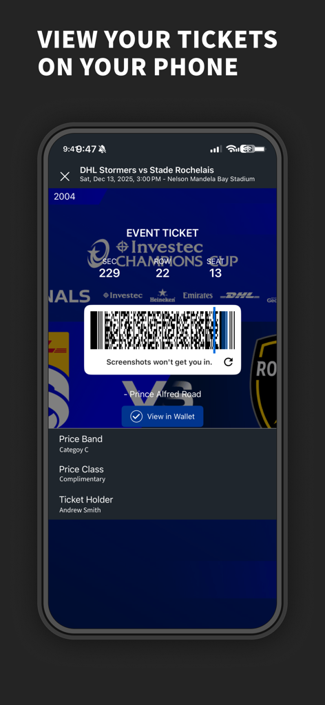 DHL Stormers - Pantalla de smartphone mostrando una entrada digital de partido de rugby con un código de barras e información del asiento