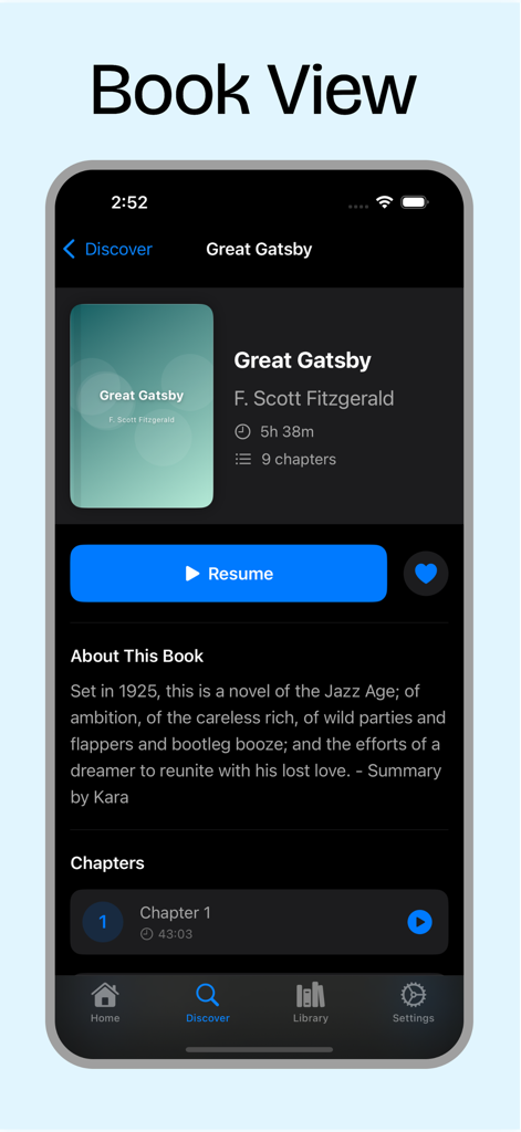 LibriVox! - Vista del libro en la aplicación LibriVox para El Gran Gatsby de F. Scott Fitzgerald