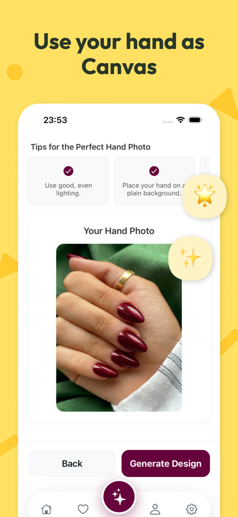 AI Nail Art Try On - CutieCure - A mobile screen showing tips for taking a perfect hand photo to use as a canvas for AI nail art try on.