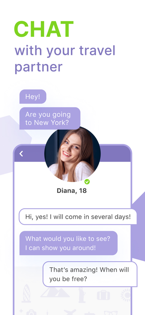 TourBar - international dating - Capture d'écran de chat intégrée à l'application TourBar montrant une conversation entre deux personnes prévoyant de se rencontrer à New York.
