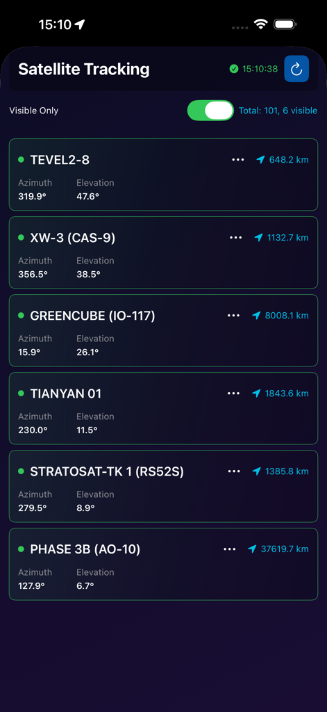 Satellite tracking screen in the SSTV app showing azimuth elevation and distance for various satellites