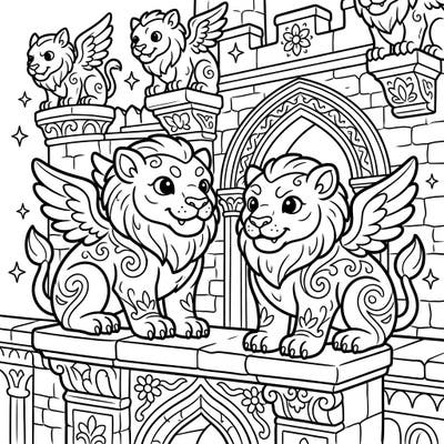 Unleash your creativity with this charming coloring page featuring Kawaii Gargoyle Griffins. These delightful winged stone creatures, depicted in an irresistibly cute style, are ready to guard your imagination.