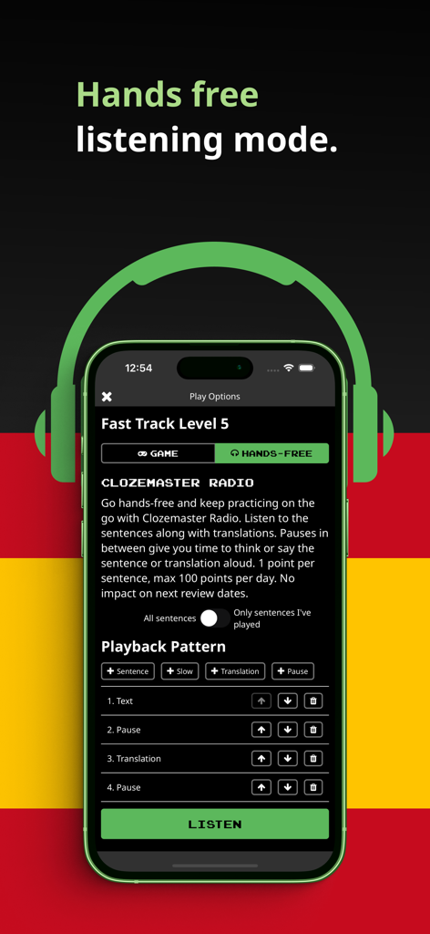 Clozemaster Spanish - Interfaz de la aplicación Clozemaster Español mostrando la configuración para escuchar sin manos y la radio de Clozemaster.