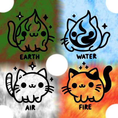 4 cats that represent the different elements, earth, water, air, and fire