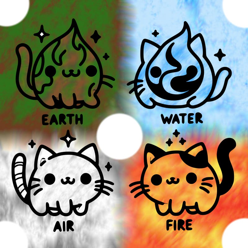 4 cats that represent the different elements, earth, water, air, and fire
