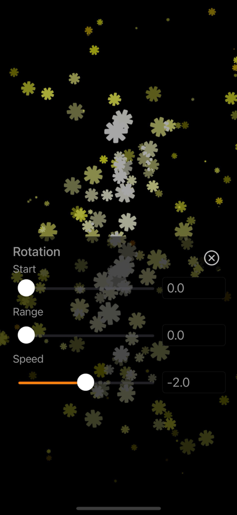 Particle Generatorアプリの星形パーティクルの回転設定メニュー