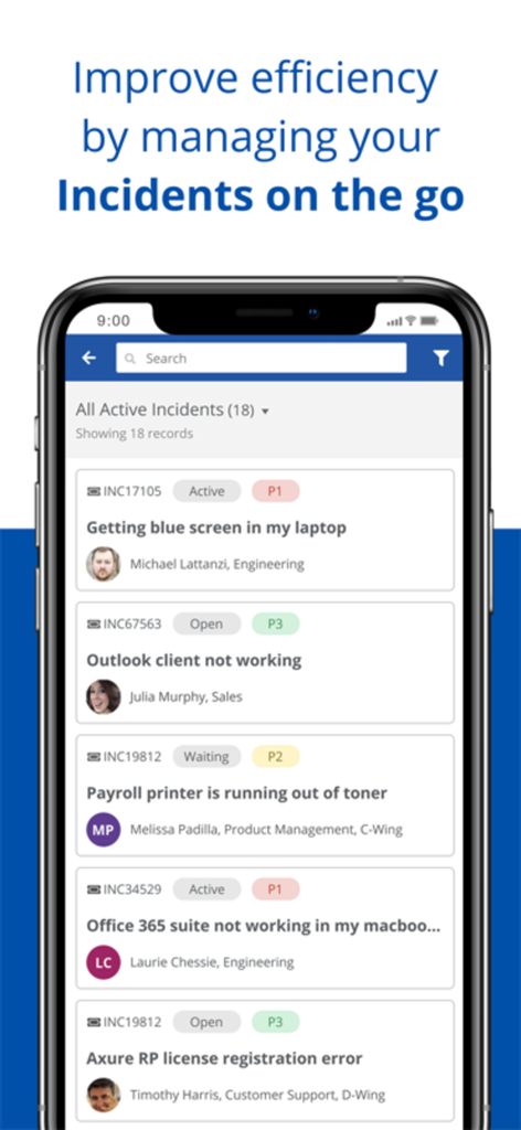 Ivanti Neurons for ITSM & ITAM - Pantalla móvil que muestra una lista de incidencias y tickets activos de gestión de servicios de TI