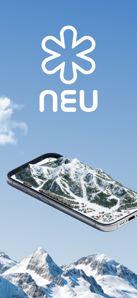 Ski Slopes Maps NEU - NEU App-Logo und ein Smartphone, das eine 3D-Augmented-Reality-Skipistenkarte anzeigt.