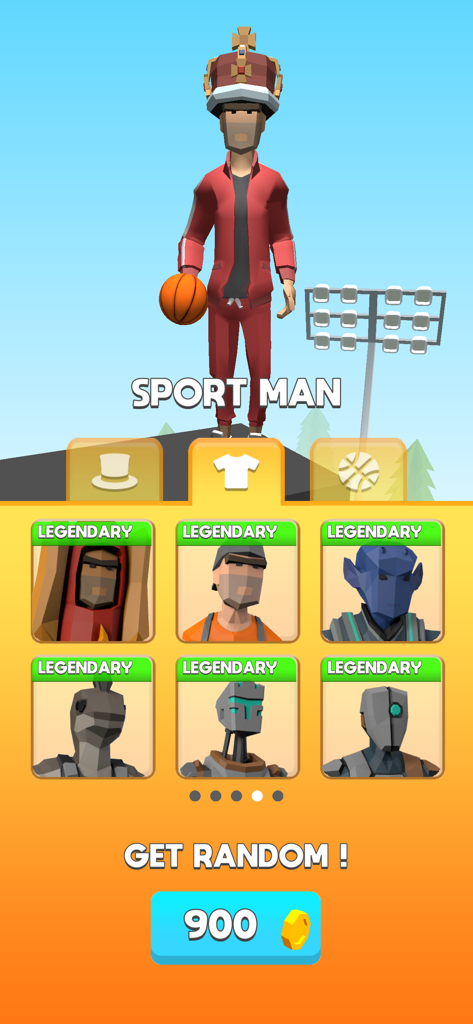 Flip Dunk - Écran de personnalisation de personnage dans Flip Dunk présentant des skins légendaires et des tenues déblocables