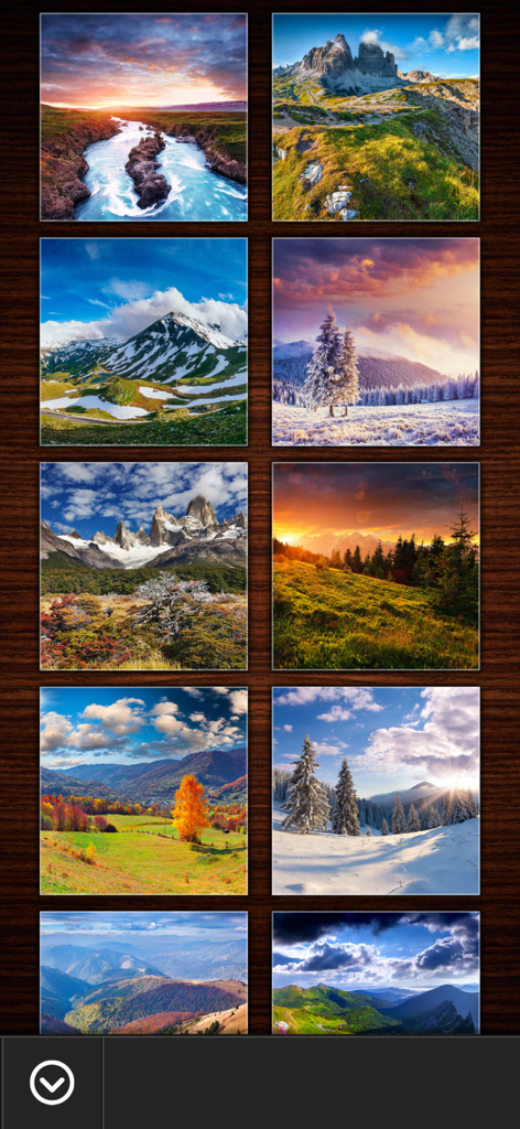 Una cuadrícula que muestra varios rompecabezas de paisajes naturales con montañas, ríos y bosques nevados.