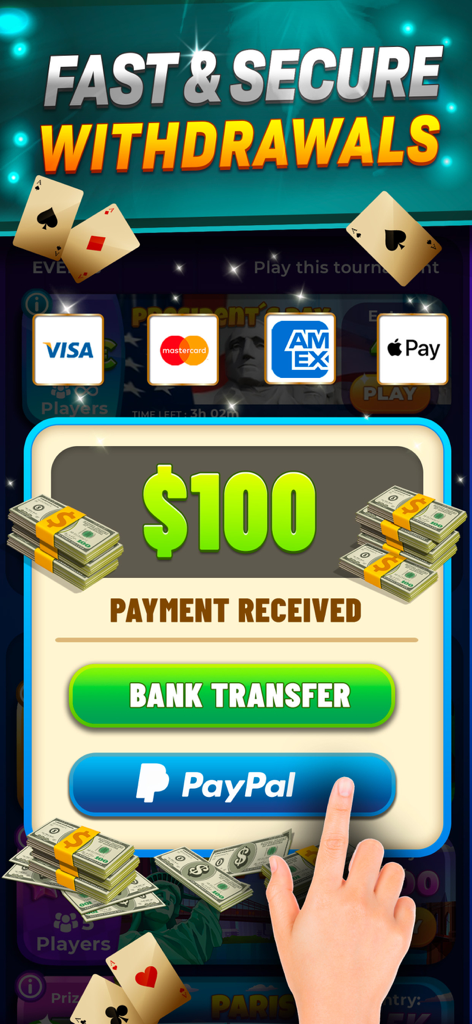 21 Jack - Blackjack Real Money - Pantalla que muestra opciones de retiro rápidas y seguras como PayPal y Transferencia Bancaria para ganancias en dinero real.