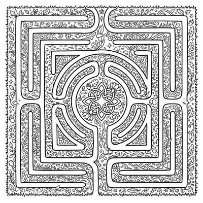 Dive into the serene world of this intricate turf labyrinth coloring page, adorned with lush botanical details. This complex design offers a captivating challenge for colorists of all ages.