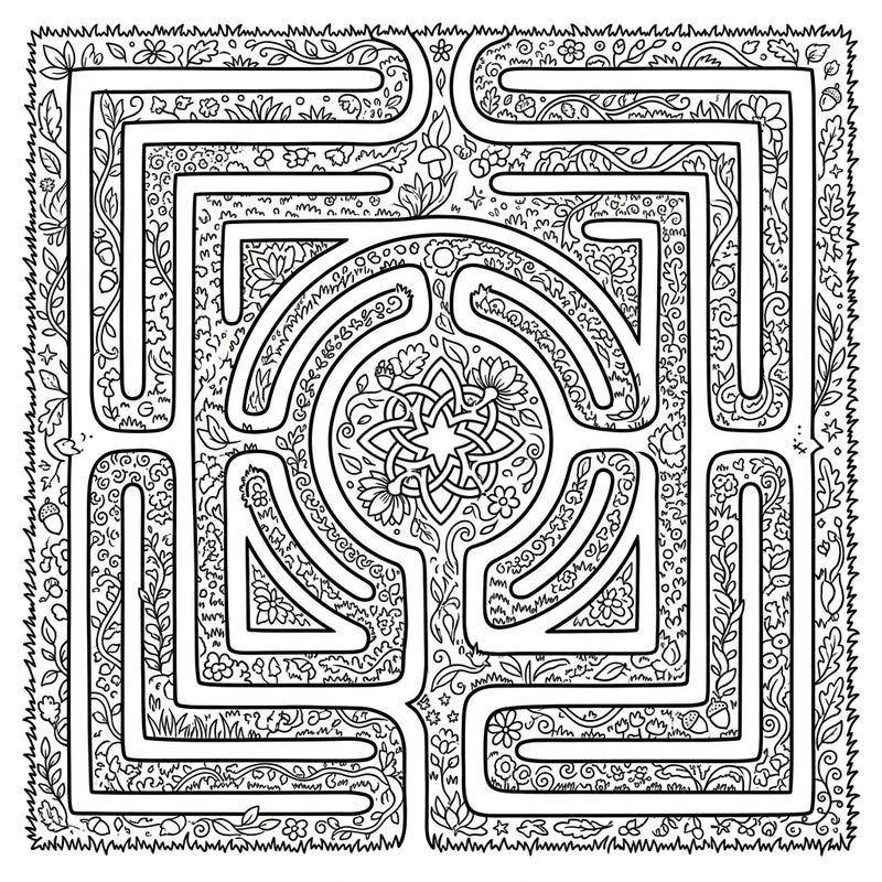 Dive into the serene world of this intricate turf labyrinth coloring page, adorned with lush botanical details. This complex design offers a captivating challenge for colorists of all ages.