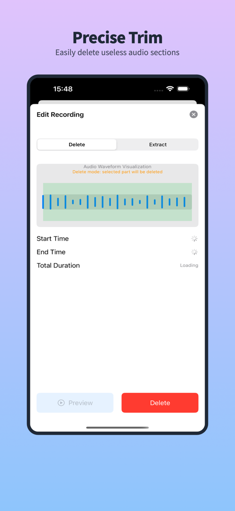 RecordIn - RecordIn app interface for editing audio with precise trimming tools and waveform visualization