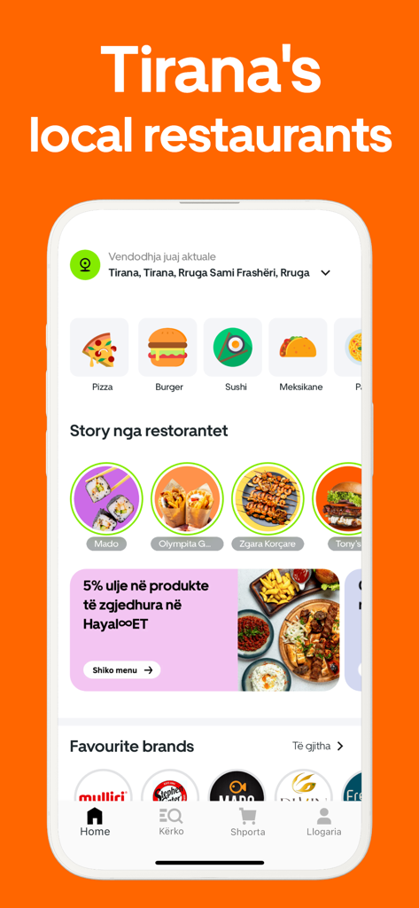 ToGo: Food Delivery - ToGo food delivery app home screen displaying restaurant categories and local favorites in Tirana