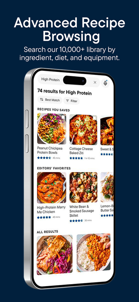 Delish: Original Fun Recipes - Delish mobile App zeigt erweiterte Rezeptsuche für proteinreiche Mahlzeiten mit gefilterten Ergebnissen.