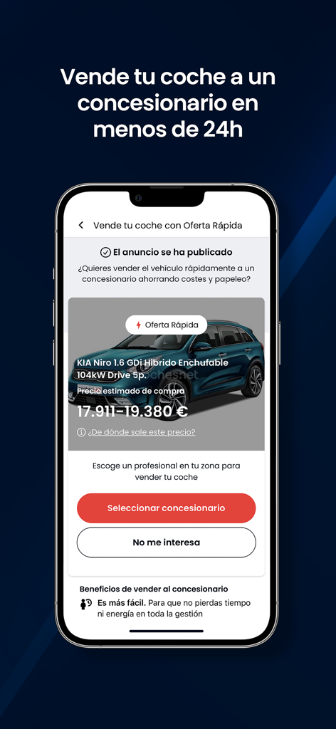 Coches.net app interface showing an estimated car value and option to sell to a dealer in 24 hours