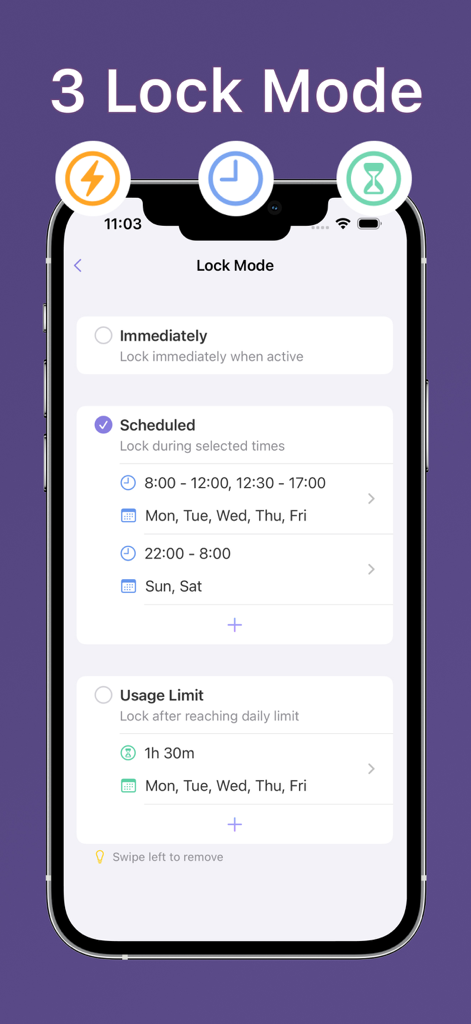 KCalc App Lock, App Locker - KCalc app interface showing three lock modes: immediate, scheduled times, and usage limits.
