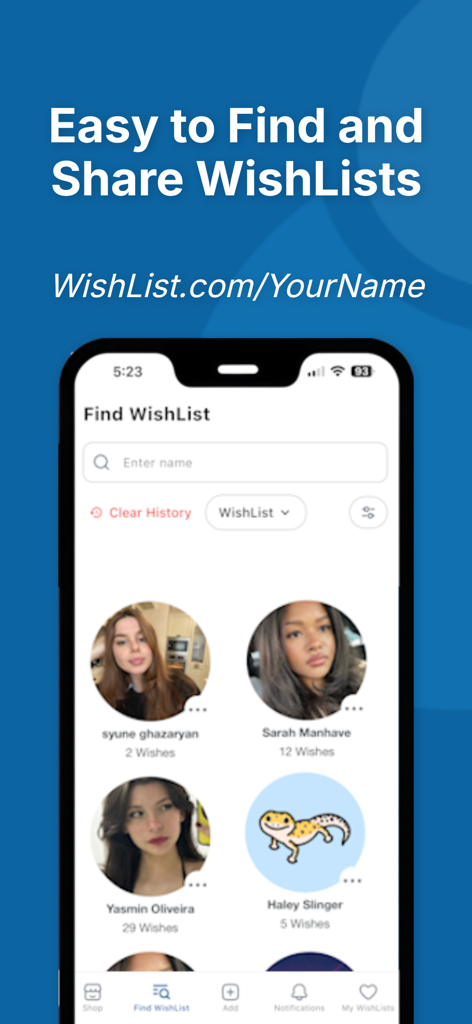 Interfaz de la app móvil que muestra cómo encontrar y compartir listas de deseos por nombre o URL