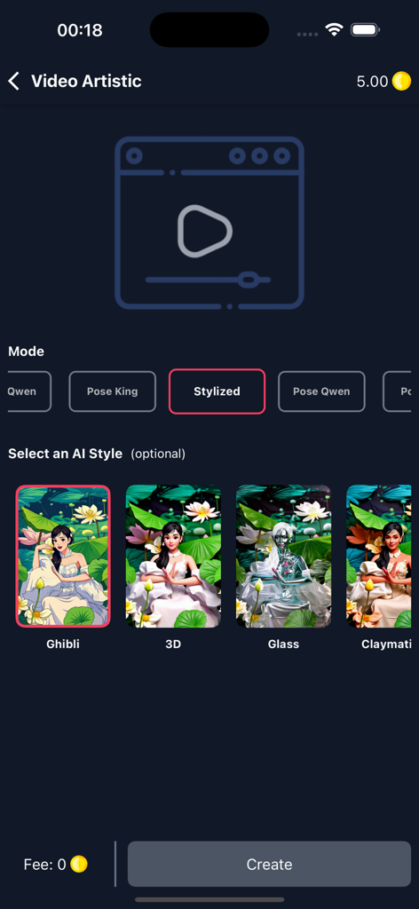 AI Artistic: Wan Video - Tela do aplicativo AI Artistic para selecionar estilos de vídeo e filtros de arte de IA como Ghibli e 3D.