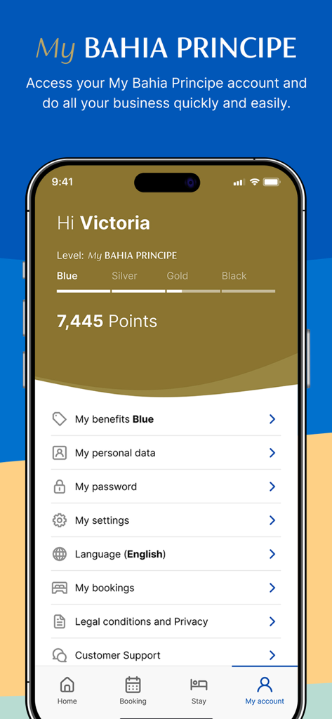 Bahia Principe Hotels - Pantalla de cuenta de usuario de la app Hoteles Bahia Principe que muestra puntos de fidelidad y nivel de membresía