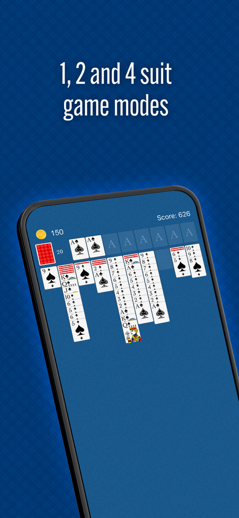 A smartphone screen showing Spider Solitaire Classic with text highlighting one two and four suit game modes.