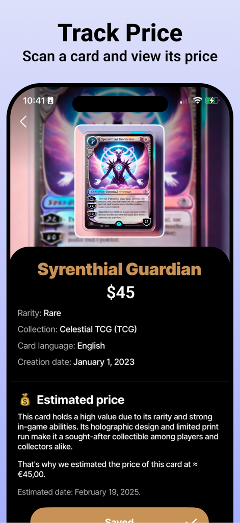 TCG & Sports Card Scanner - Mobile app interface showing the estimated market price and rarity details of a scanned trading card.