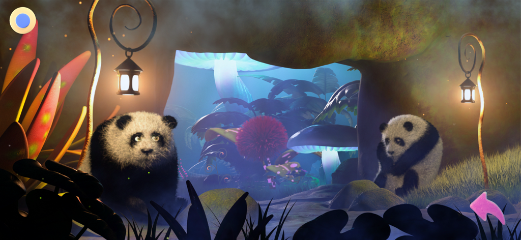 Dinkytoon Interactive Stories - Dos pandas esponjosos en un bosque mágico brillante con linternas y hongos gigantes