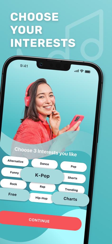 Tuunes app onboarding screen for choosing music interests including K-Pop and trending charts