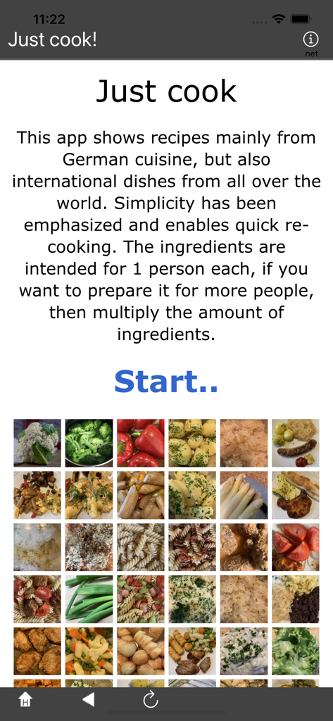 Welcome screen of the Just cook app featuring a description of its German and international recipes above a grid of food images.