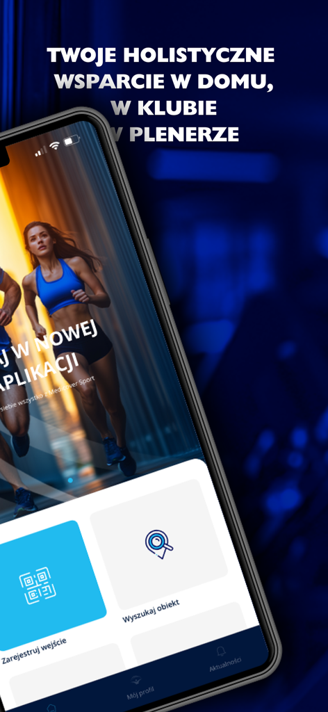 Interfaccia dell'app mobile Medicover Sport che mostra il check-in con codice QR e le opzioni di ricerca delle strutture sportive.