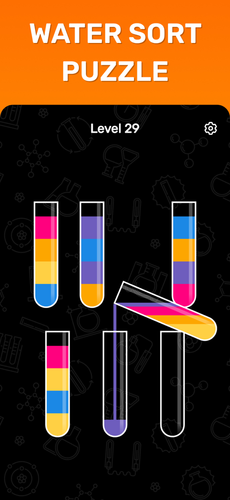 Water Sort Puzzle - Get Color - Gameplay de Water Sort Puzzle mostrando líquido colorido sendo despejado em tubos de ensaio no Nível 29.